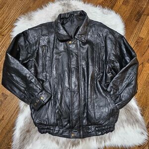 Vintage Genuine Leather Bomber Jacket Men Patchwork Black Unbranded M